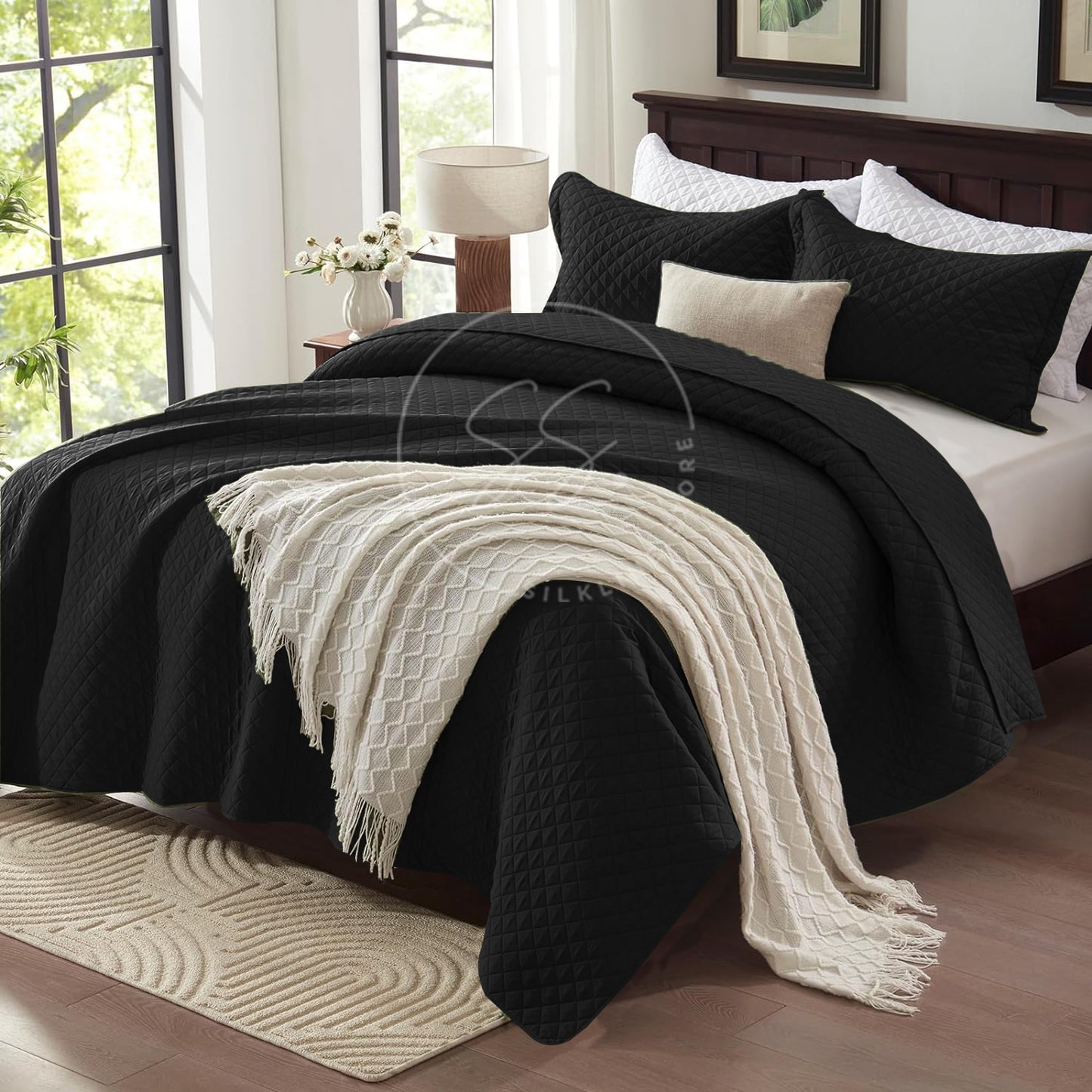Midnight Black - king Size Microfibre: 3 pcs Quilted bedspread set