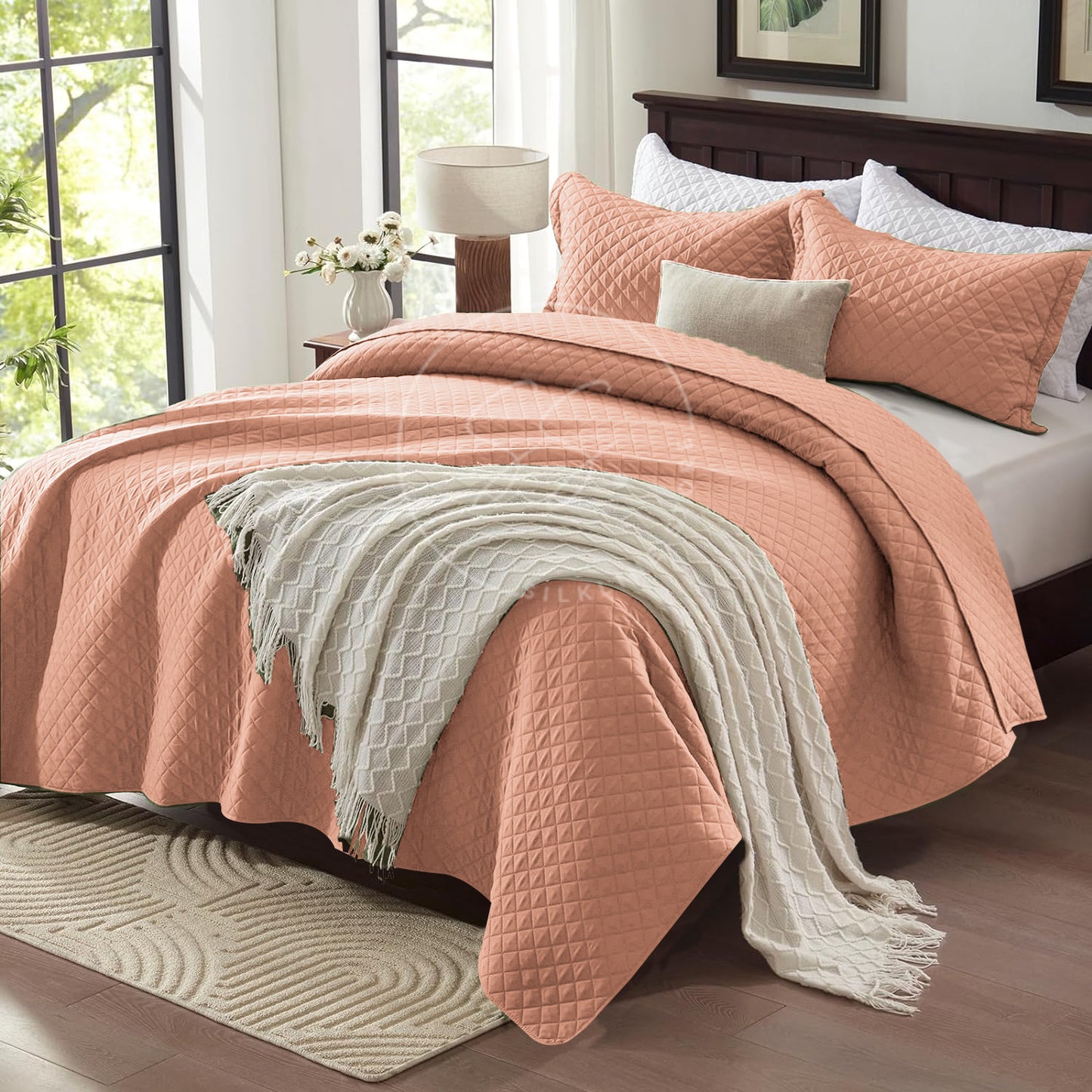 Peach - king Size Microfibre: Quilted 3 pcs bedspread set