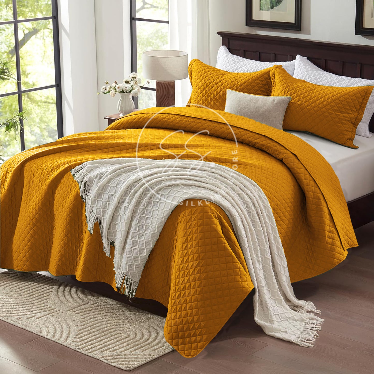 Ochre - king Size Microfibre: Quilted 3 pcs bedspread set