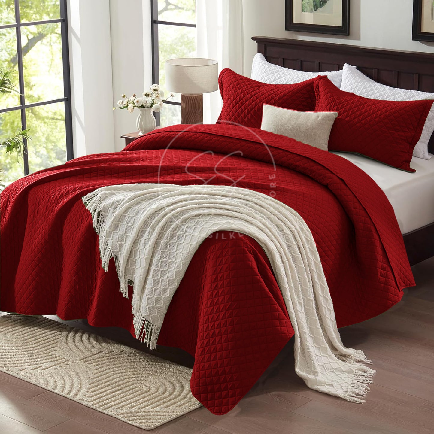 Maroon - king Size Microfibre: 3 pcs Quilted bedspread set