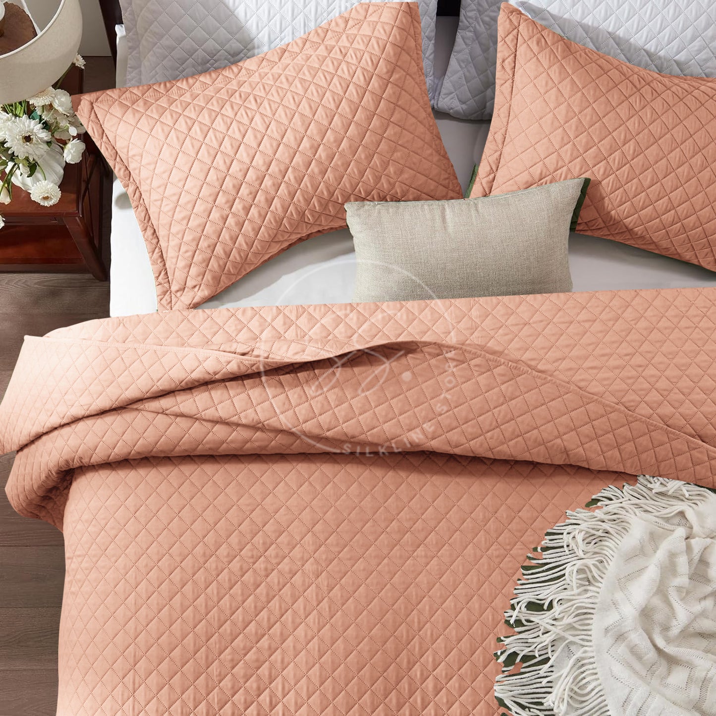Peach - king Size Microfibre: Quilted 3 pcs bedspread set