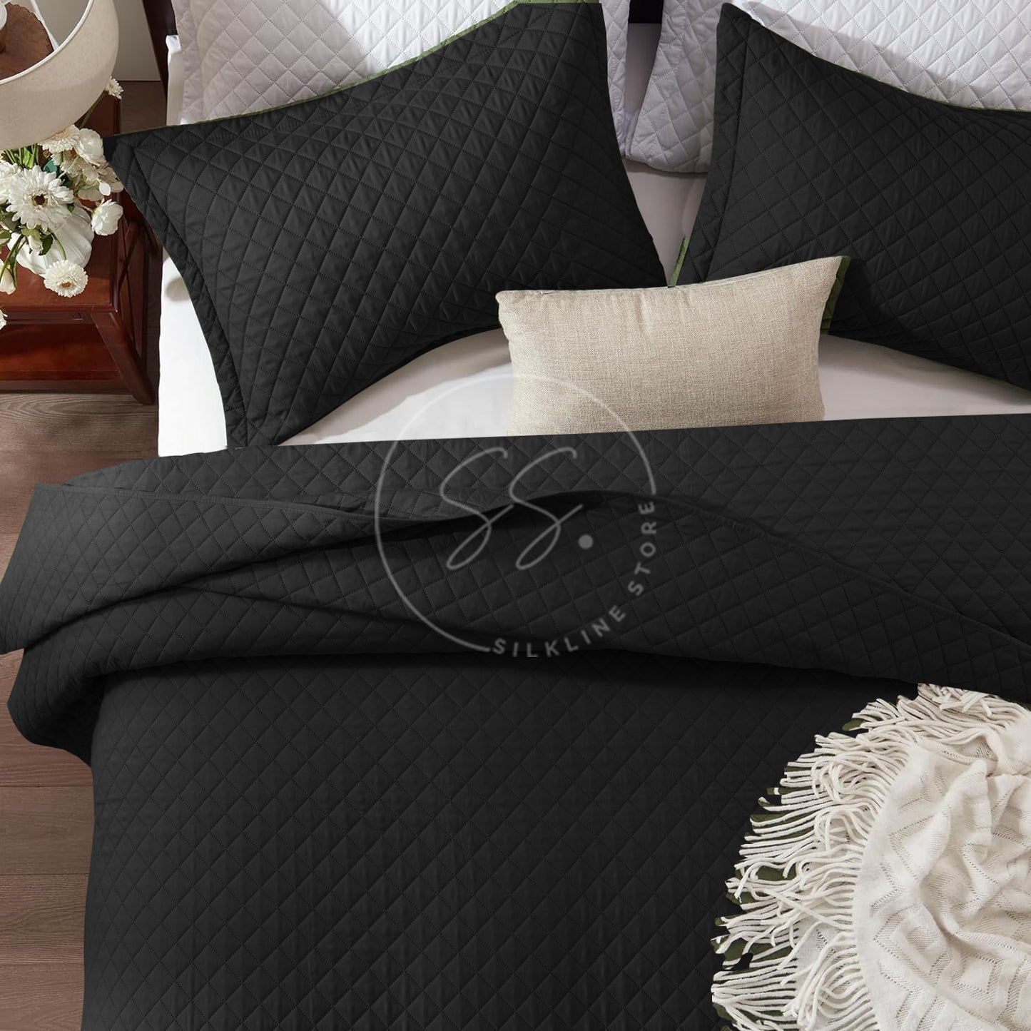 Midnight Black - king Size Microfibre: 3 pcs Quilted bedspread set