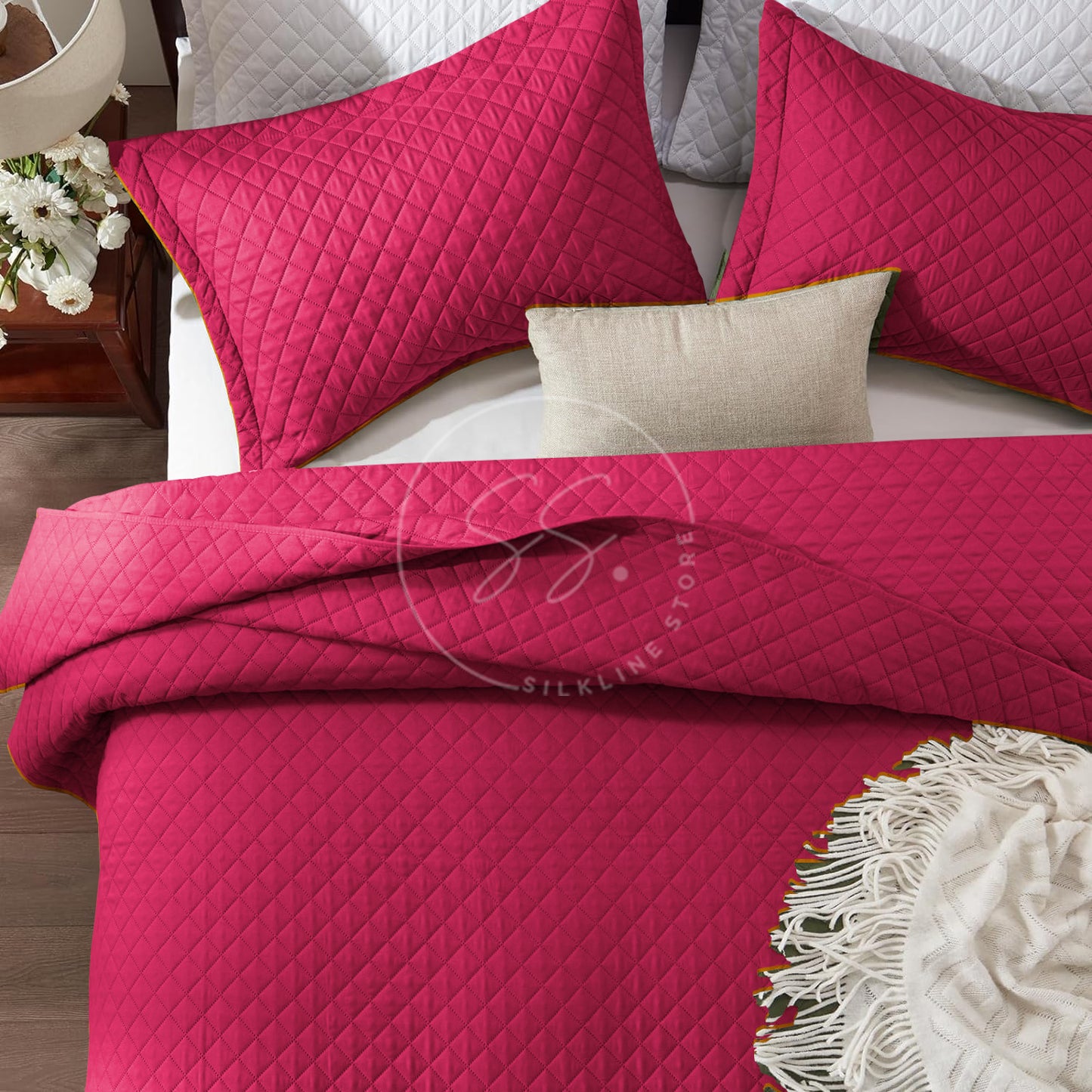 Pink- king size: Quilted 3 pcs microfibre bedspread set